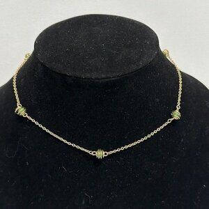 Vintage Signed Crown Trifari Gold Tone Dainty Chain Necklace Choker Green Beads